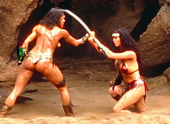 Prompt: gal gadot as conan the barbarian oil wrestling with a cavewoman, movie still photograph taken by richard kern, from the movieclan of the cave bear, 8 k, realistic