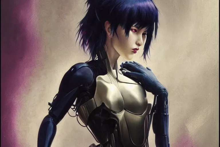 Image similar to a portrait of female mechine from ghost in the shell,by Stanely Artgerm,Tom Bagshaw,Andrei Riabovitchev,aaron horkey,Greg Rutkowski,trending on pinterest,full of color,luxury,mythological,sacred,religious,ultra realistic,high detail,concept art,golden ratio,cinematic lighting H 768