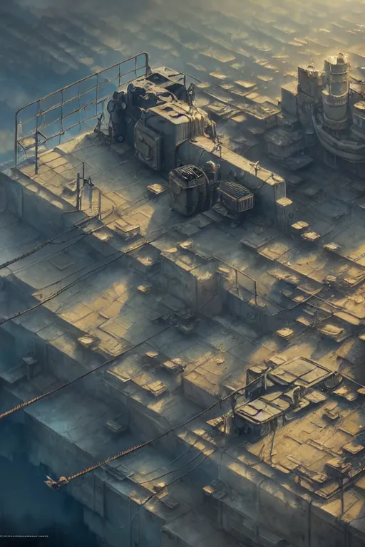 Prompt: a highly detailed matte painting of a post - apocalyptic dieselpunk military base aerial view, by studio ghibli, makoto shinkai, by artgerm, by wlop, by greg rutkowski, volumetric lighting, octane render, 4 k resolution, trending on artstation, masterpiece