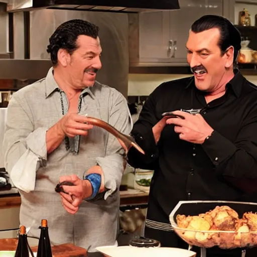 Image similar to john travolva and steven segal host a cooking show