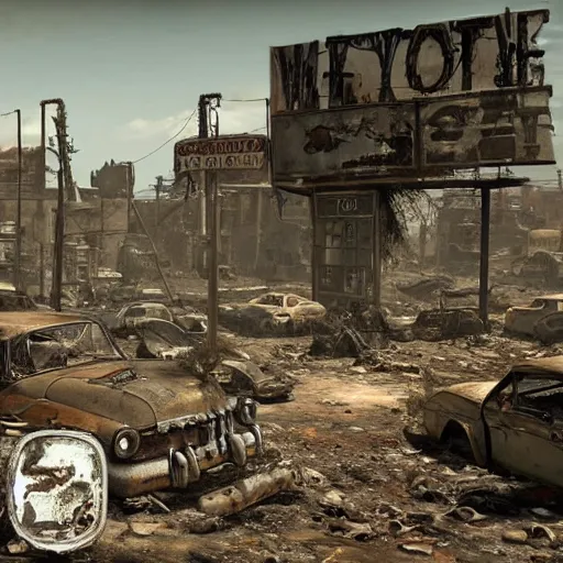 Prompt: a post apocalyptic wasteland with crumbling buildings, vintage cars, and rubble strewn about in the style of Fallout New Vegas by Bethesda Game Studios