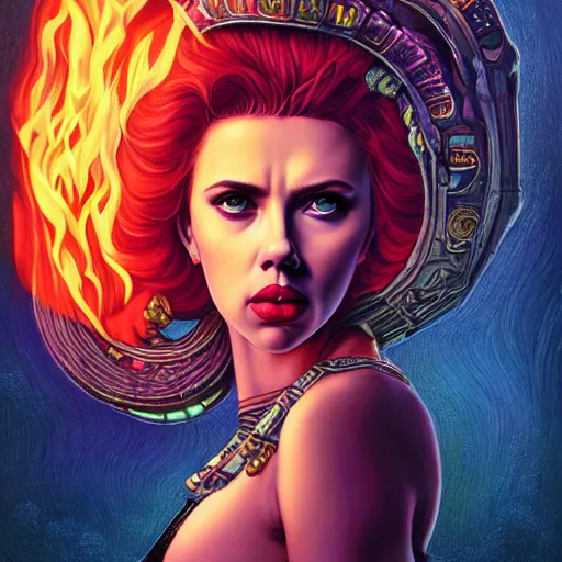 Image similar to queen of hell portrait of scarlett johansson, fire and flame, big long hell serpent octopus, Pixar style, by Tristan Eaton Stanley Artgerm and Tom Bagshaw.