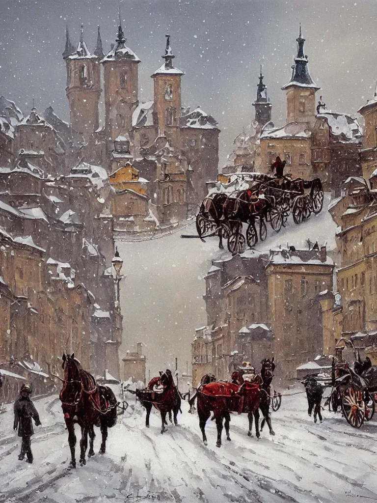 Prompt: 1 9 0 0 prague with a classic carriage with horses in the winter : : snowing : : impressive architecture in the background : : oil painting