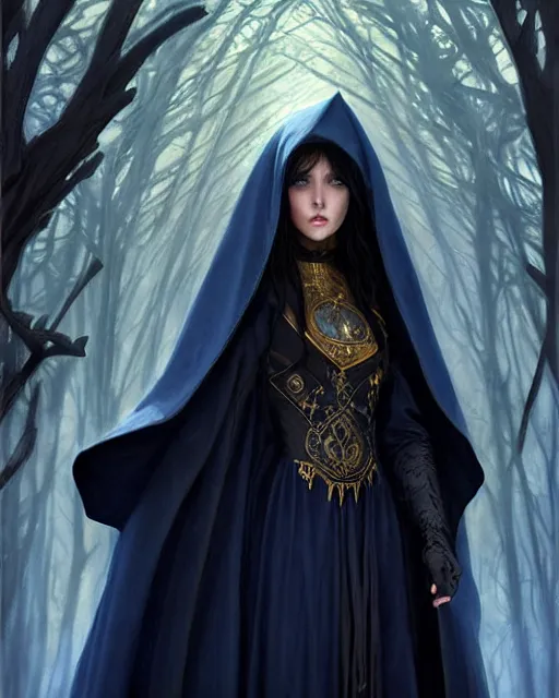 Image similar to wizard the sandman, long black hair blue wearing cloth mantle gothic navy cloak with gold details, tree town, fantasy character portrait, ultra realistic, intricate, elegant, cinematic lighting, highly detailed, digital painting, artstation, smooth, sharp, focus, illustration, art by artgerm and greg rutkowski and alphonse mucha