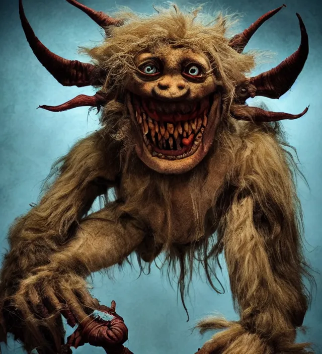 Image similar to hyper realistic photography of indonesian demon hairy fluffy muppet show horror nightmare elf goblin monster with long arms, ventriloquist, human anatomy, real teeth, full body, cinematic symmetric dark _ crystal, brian froud, alan lee, jean baptiste monge, scott radke