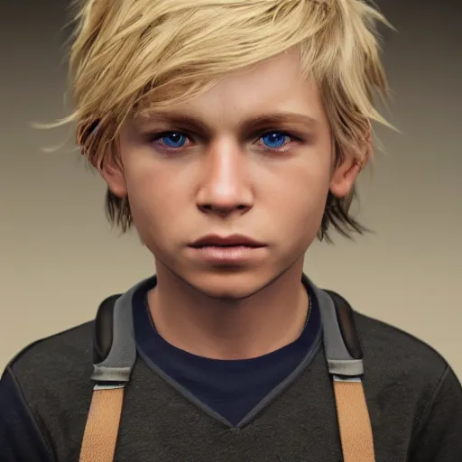 Image similar to a detailed portrait of boy with blonde hair and blue eyes, unreal engine 5 rendered, incredibly highly detailed and realistic, 8 k, sharp focus, studio quality