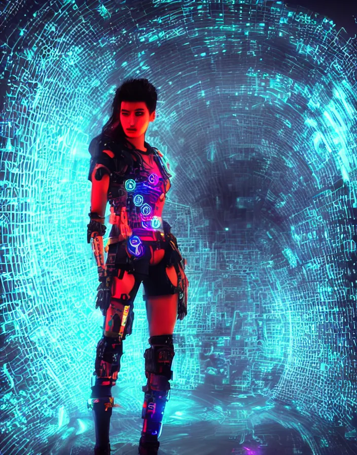 Image similar to full body portrait photo of afghan model cyborg with digital led skin, neon lighting, techno neon projector background, portrait photo, intricate details, ultra realistic, unreal engine 5, depth of field, bokeh, octane render, 8 k hd