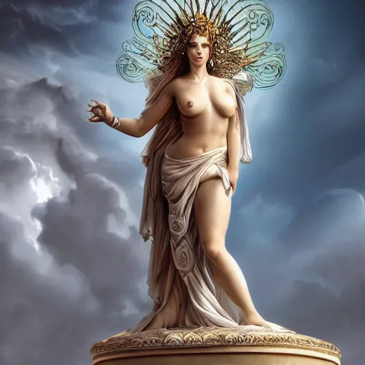 Image similar to A digital masterpiece illustration concept art of giant porcelain statue of Sofia Vergara as a greek goddess its top in the heaven, beautiful eyes, symmetrical face, symmetrical body, taiga landscape + inspired art by mark brooks, peter kemp + Extremely detailed and intricate complexity + epic composition, magical atmosphere, cinematic lighting + wide long shot, wide angle + trending on artstation + 8k