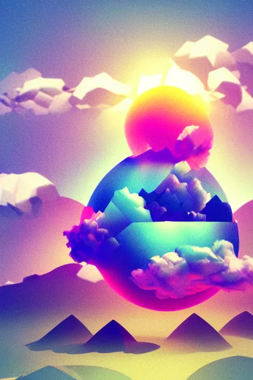 Image similar to geometric 3 d render, soft bright pastel, rainbow fireball in the middle, mountains surrounding, rule of thirds