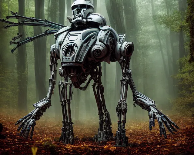 Image similar to photo of starwars general grievous with heavy duty biomechanical hydraulic cybernetic body and 4 arms holding unsheated lightsabers in the forest. cyberpunk horror style. highly detailed 8 k. intricate. nikon d 8 5 0 5 5 mm. award winning photography. art by hr giger