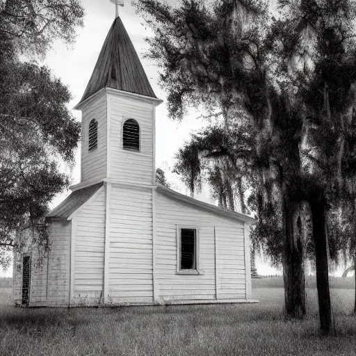 Image similar to picture of an old wooden white church, 1 9 th century southern gothic scene, made by chris friel