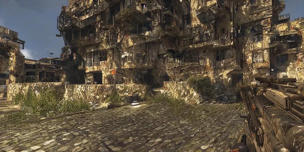 Image similar to “ screenshot from call of duty, fps, unreal engine, first person weapon, raytracing, rendered by klimt ”