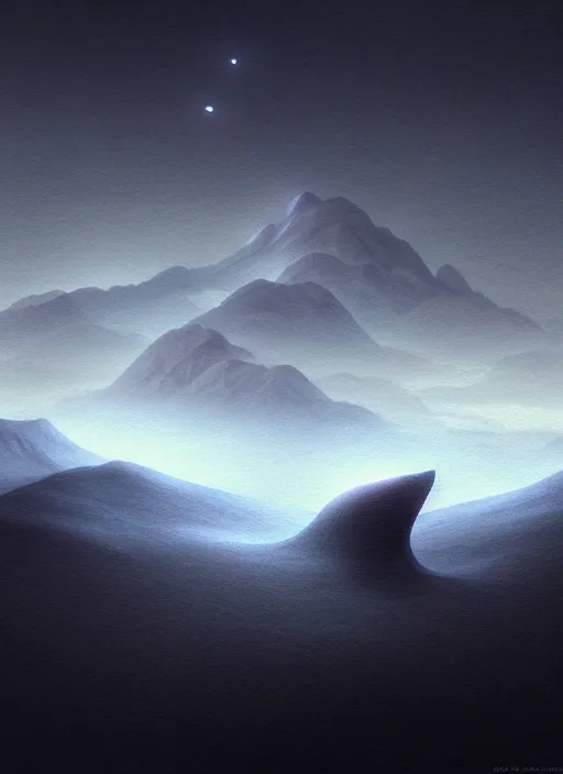 Prompt: midnight by moonlight in the low - polygon hills, the distant hills are polygons, diffuse lighting, intricate, surrealism!!!!, highly detailed, lifelike, photorealistic, digital painting, artstation, surrealist, concept art, smooth, sharp focus, by greg rutkowski, chris tulloch mccabe, valentina remenar and asher duran,