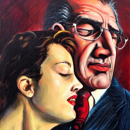 Image similar to perfectly centered symmetrical split male and female portrait of man and woman in love sharing one heart ; oil painting by will eisner, photorealistic, highly detailed