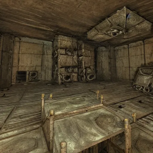 Image similar to a large vault on the 3 rd level of the dark hive of horror. a ruined siege weapon sits in the east side of the room.