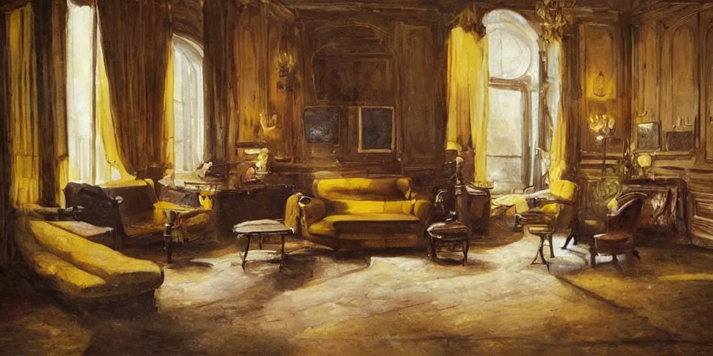 Prompt: brown cat with yellow eyes is sitting at sofa in a draw room at paris in early 2 0 th century. big room, high ceiling, high windows, atmospheric feeling, warm colours, brown colours, yellow colours, epic scene, cinematic, very detailed, hyperrealistic painting style
