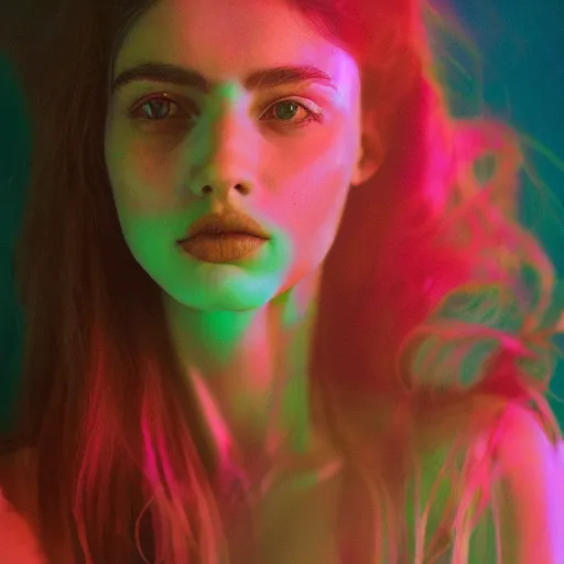 Prompt: A vibrant studio portrait photograph of a beautiful millennial woman by Alessio Albi and Nina Masic, trending on instagram, soft focus, vertical portrait, award winning makeup, natural lighting, double exposure, light traces, dramatic shadows, volumeric ghostly rays, f1.8, 50mm, micro details, cottagecore polaroid color scheme, classic chrome, film grain, light cyan, lavender blush, cinematic lighting