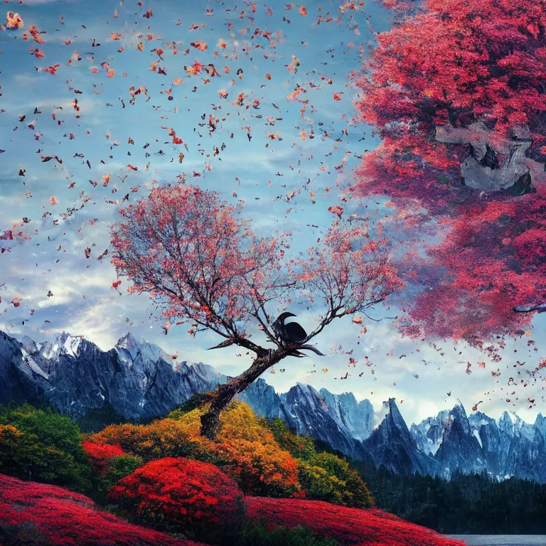 Image similar to a beautiful awesome artistic tree with falling flowers like leaves and many birds, all in the amazing outdoors view, mountain in the background, lake, long exposure, 8 k resolution, trending on artstation