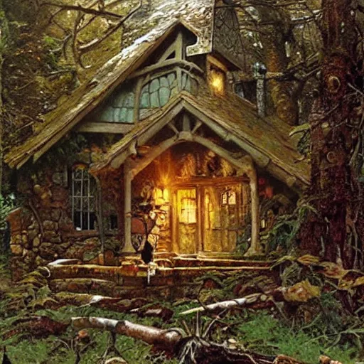 Image similar to witch cottage in the forest, art by norman rockwell and donato giancola and greg rutkowski, vintage art, realistic