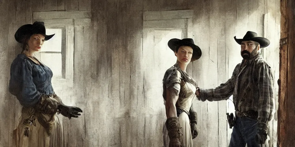 Prompt: in an old west cabin, close up portrait of beautiful Mila Jovovich (alone) in the doorway and Dave Bautista cowboy standing ((alone)) at the window, arguing, symmetrical, in the style of Fredrick Remington, oil painting, cinematic