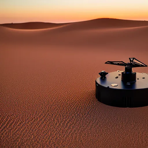 Image similar to turtle shaped peaceful mobile biomimetic rugged anemometer station sensor antenna on all terrain tank wheels, for monitoring the australian desert, XF IQ4, 150MP, 50mm, F1.4, ISO 200, 1/160s, dawn, golden ratio, rule of thirds