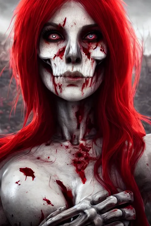 Image similar to woman skeleton covered with blood, jessica nigri face!!!, long red hair, ultra realistic, concept art, intricate details, highly detailed, photorealistic, octane render, 8 k, unreal engine. retro film still, heavy grain, 3 5 mm, art by artgerm and greg rutkowski and alphonse mucha