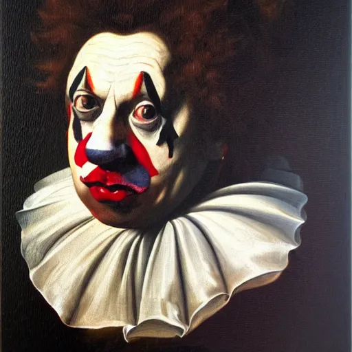 Prompt: detailing character concept portrait of clown by Caravaggio, on simple background, oil painting, middle close up composition