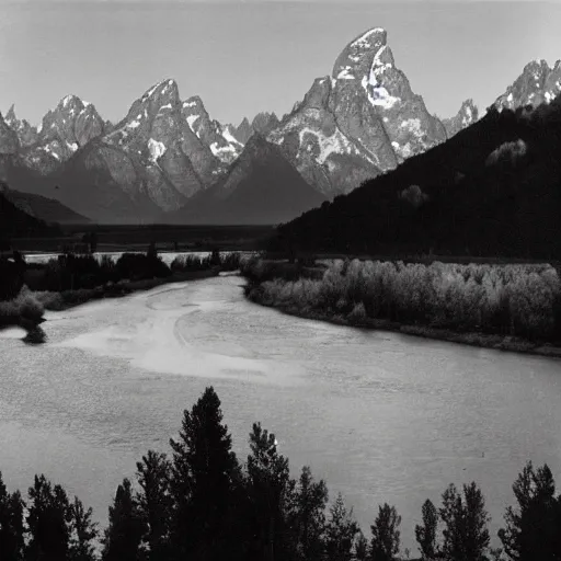 Image similar to the moon and the tetons and the snake river, by ansel adams,