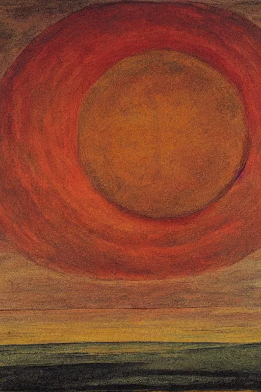 Image similar to painting of a plain landscape with large red sun at the top in the style of william blake