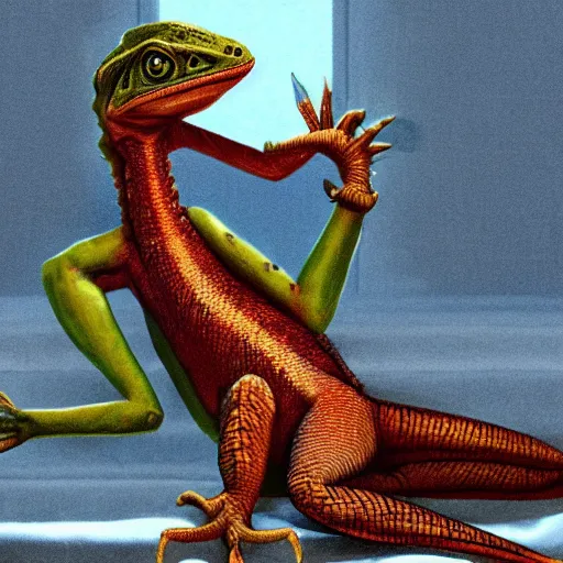 Prompt: anthro lizard with a prostetic arm sitting on a couch, fantasy art, matte painting, coherent like Dall-E 2