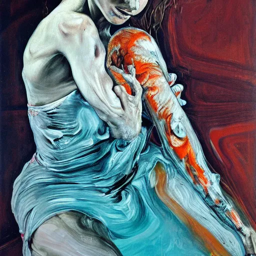 Image similar to high quality high detail painting of a ballerina in agony by lucian freud and jenny saville and francis bacon, hd, dark demonic dancer, turquoise and orange