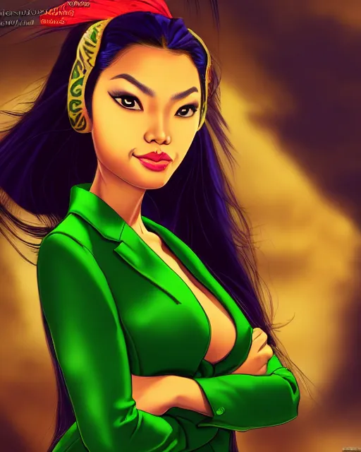 Image similar to alluring heavy filipina woman character portrait, by don bluth, wearing green blazer, sci - fi environment, highly detailed, dynamic shadows, 4 k, wallpaper - 1 0 2 4