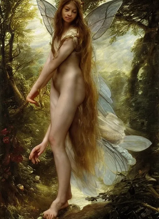 Image similar to barefoot Beautiful fairy teenager, Looks like Kristin Kreuk, In the woods, Dramatic, Edge, Good, Infused, Backlight, De-Noise, VFX, insanely detailed and intricate, hypermaximalist, elegant, ornate, hyper realistic, super detailed, by Anthony Van Dyck, by Ivan Shishkin, by John Constable