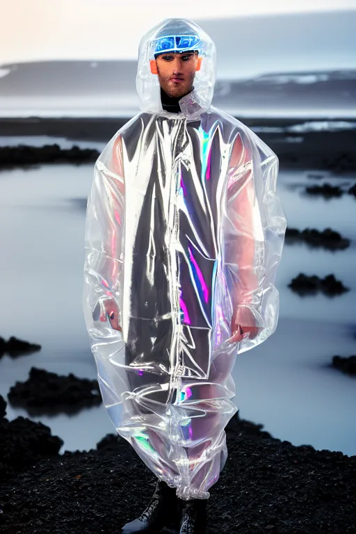 Image similar to an ultra high definition professional high fashion portrait studio full length photograph of a male model wearing a transparent pearlescent raincoat and neon visor in an icelandic black rock environment at dawn. no artefacts. extremely detailed. stark. refraction. shallow depth of field. volumetric light and shadow. ray tracing. light rays.