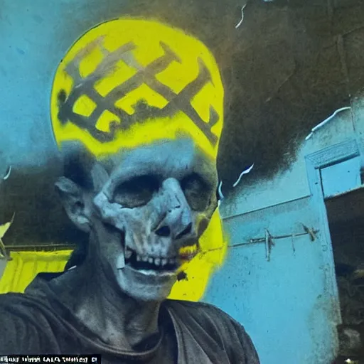 Image similar to selfie of the last surviving ukrainian, burning alive to the bone, wild pain and damage to the body, painted in dirty yellow - blue colors, against the backdrop of a huge nuclear explosion