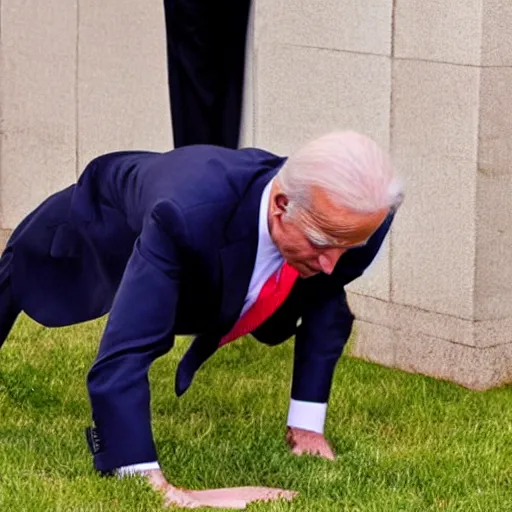 Image similar to Joe Biden on all fours, looking for his contact lenses. Realistic photo.