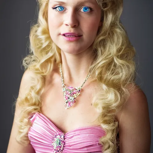 Image similar to close up headshot of a princess with long blonde hair and blue eyes wearing a strapless elaborately beaded pink dress, high resolution film still, 8k, HDR color, film by Simon Langton and David Frankel, triangular face