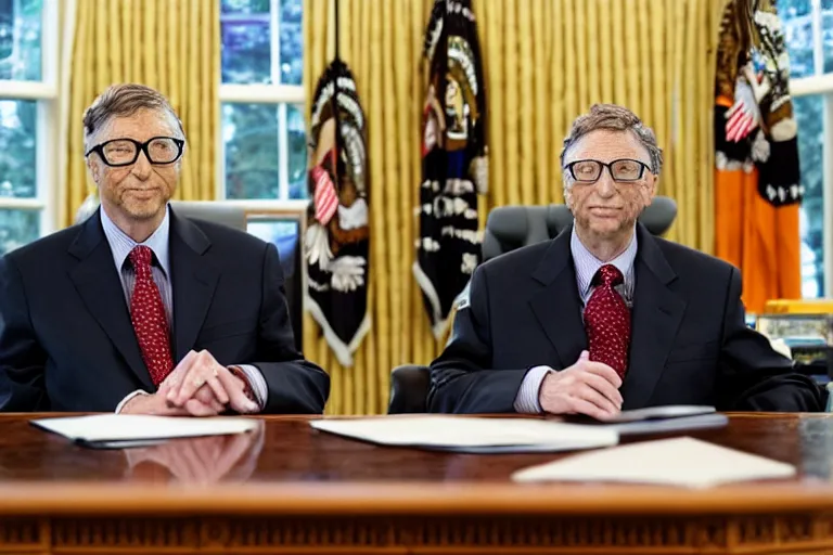Image similar to president bill gates gives an emergency oval office address, sitting at the resolute desk, circa 2 0 2 2, professional photo, dslr, bokeh