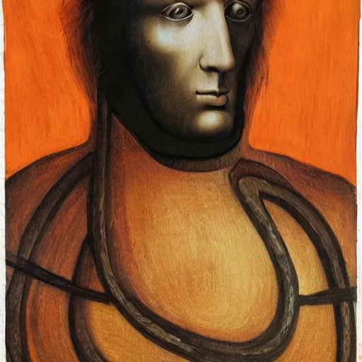 Image similar to a painting of a man with orange hair, a surrealist painting by andrea mantegna, featured on behance, renaissance, da vinci, pre - raphaelite, surrealist