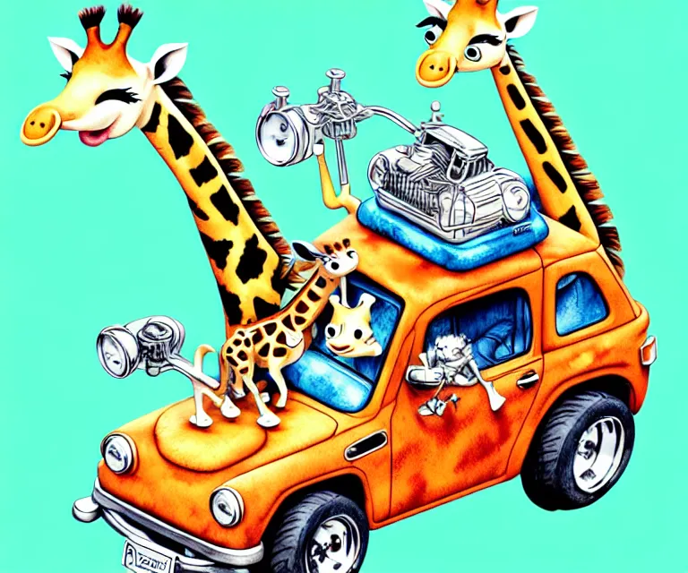 Image similar to cute and funny, giraffe riding in a tiny hot rod with oversized engine, ratfink style by ed roth, centered award winning watercolor pen illustration, isometric illustration by chihiro iwasaki, edited by range murata, tiny details by artgerm and watercolor girl, symmetrically isometrically centered, focused