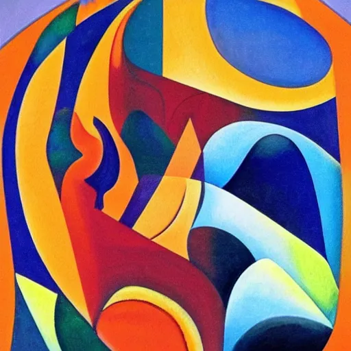 Image similar to woman woman as the natural landscape, her curves form the mountains and rivers of this land , high quality art in the style of cubism and georgia o’keefe,