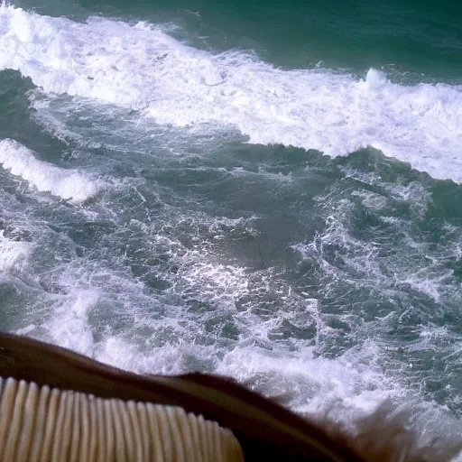 Prompt: cnn news footage of giant donald stump, blond hair being washed up on shore, view from above, tv