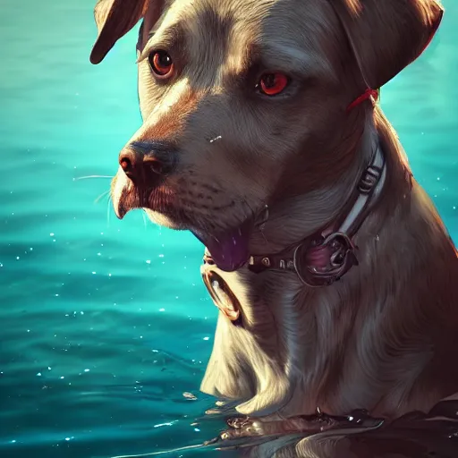 Image similar to dog in the water, stylized, artgerm, artstation, hd, cgsociety, cgi, realistic, dramatic, cinematic, artistic, trending, detailed