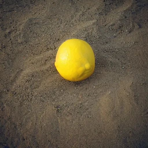 Image similar to a lemon in shape of a human with legs of lemons and round body, arms of lemons, on a beach, very realistic, high quality, volumetric light