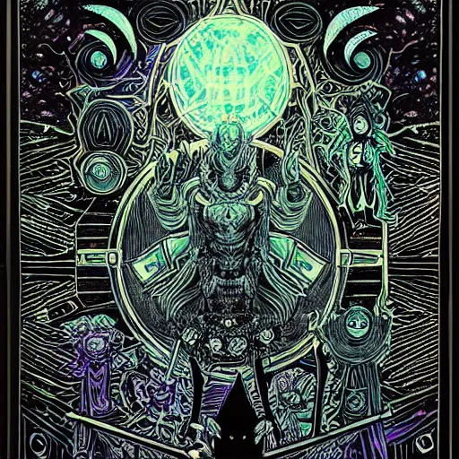 Image similar to black paper + tarot card + eldritch god, vintage detailed sci - fi illustration designed by marc simonetti and mike mignola + psychedelic black light style + intricate ink illustration + symmetry + bloodborne