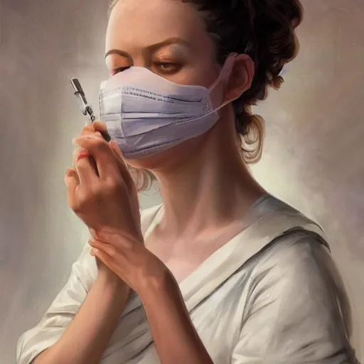 Image similar to epic portrait an female nurse in white dress and short sleeves wearing a mask and holding a syringe, digital painting, artstation, concept art, soft light, hdri, smooth, sharp focus, illustration, fantasy, intricate, elegant, highly detailed, D&D, matte painting, in the style of Greg Rutkowski and Alphonse Mucha and artemisia, 8k, highly detailed, jurgens, rutkowski, bouguereau, pastoral, rustic, georgic, detailed concept art, illustration, colorful pastel, painting, detail, ultra detailed, digital art, 4K,