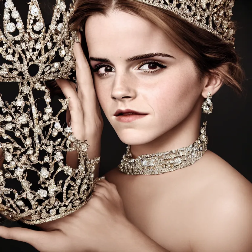 Image similar to emma watson as queen, big crown adorned with emerald, diamonds, topaz and other jewellaries, sensual, beautiful soft light failling on her face, studio photography, nikon 3 5 mm portrait photography, ultra realistic