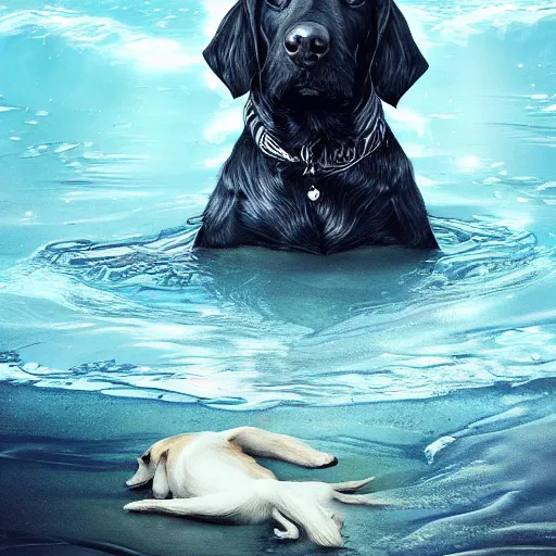 Image similar to dog in the water, stylized, artgerm, artstation, hd, cgsociety, cgi, realistic, dramatic, cinematic, artistic, trending, detailed