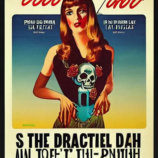 Image similar to a vintage movie poster 70s of a woman in love with Death, exploitation