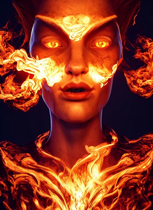 Image similar to hyperrealistic mixed media portrait of an evil female pyromancer, stunning 3d render inspired art by Lars Grant-West + perfect facial symmetry + dim volumetric lighting, ornate flowing robes, radiant fiery energy, swirling wispy smoke, 8k octane beautifully detailed render, post-processing, extremely hyperdetailed, intricate, epic composition, grim yet sparkling atmosphere, cinematic lighting + masterpiece, trending on artstation, Art Nouveau